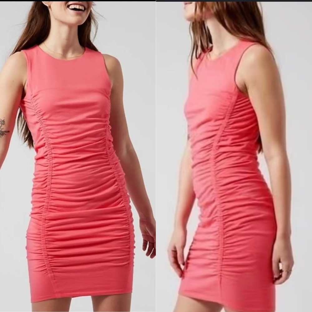 $89 ATHLETA Pink Coral Sleeveless Bodycon Ruched Lined Stella Dress Small